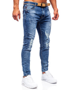 Granatowe jeansowe spodnie męskie skinny fit z paskiem Denley R85082S0