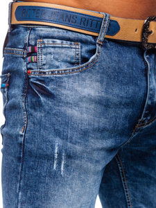Granatowe jeansowe spodnie męskie skinny fit z paskiem Denley R85082S0