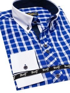 Koszula męska w kratę z długim rękawem kobaltowa Bolf 5737