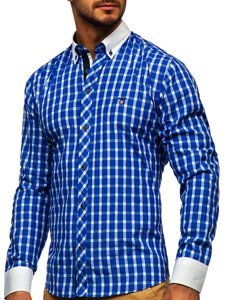 Koszula męska w kratę z długim rękawem kobaltowa Bolf 5737