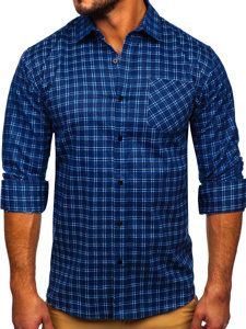 Niebieska koszula męska flanelowa w kratę z długim rękawem Denley F8-2