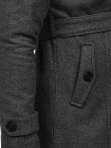 Szary płaszcz dwurzędowy z paskiem męski zimowy z wysokim kołnierzem Denley 0009