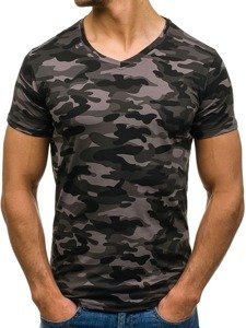 T-shirt męski z nadrukiem w serek moro-grafitowy Denley 4525