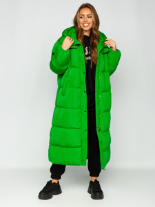 Zielona długa pikowana kurtka płaszcz damska zimowa z kapturem Denley R6702